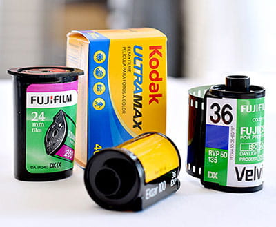 Film camera and rolls of film.